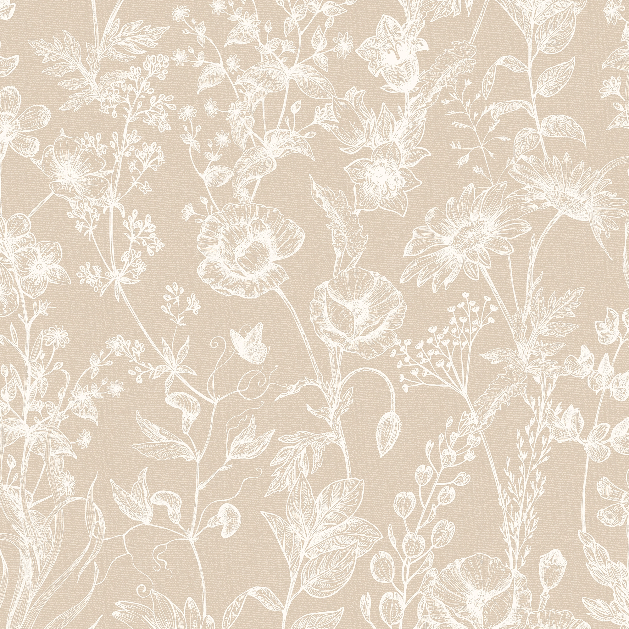 Sketched Meadow Wallpaper in Cream on Biscuit