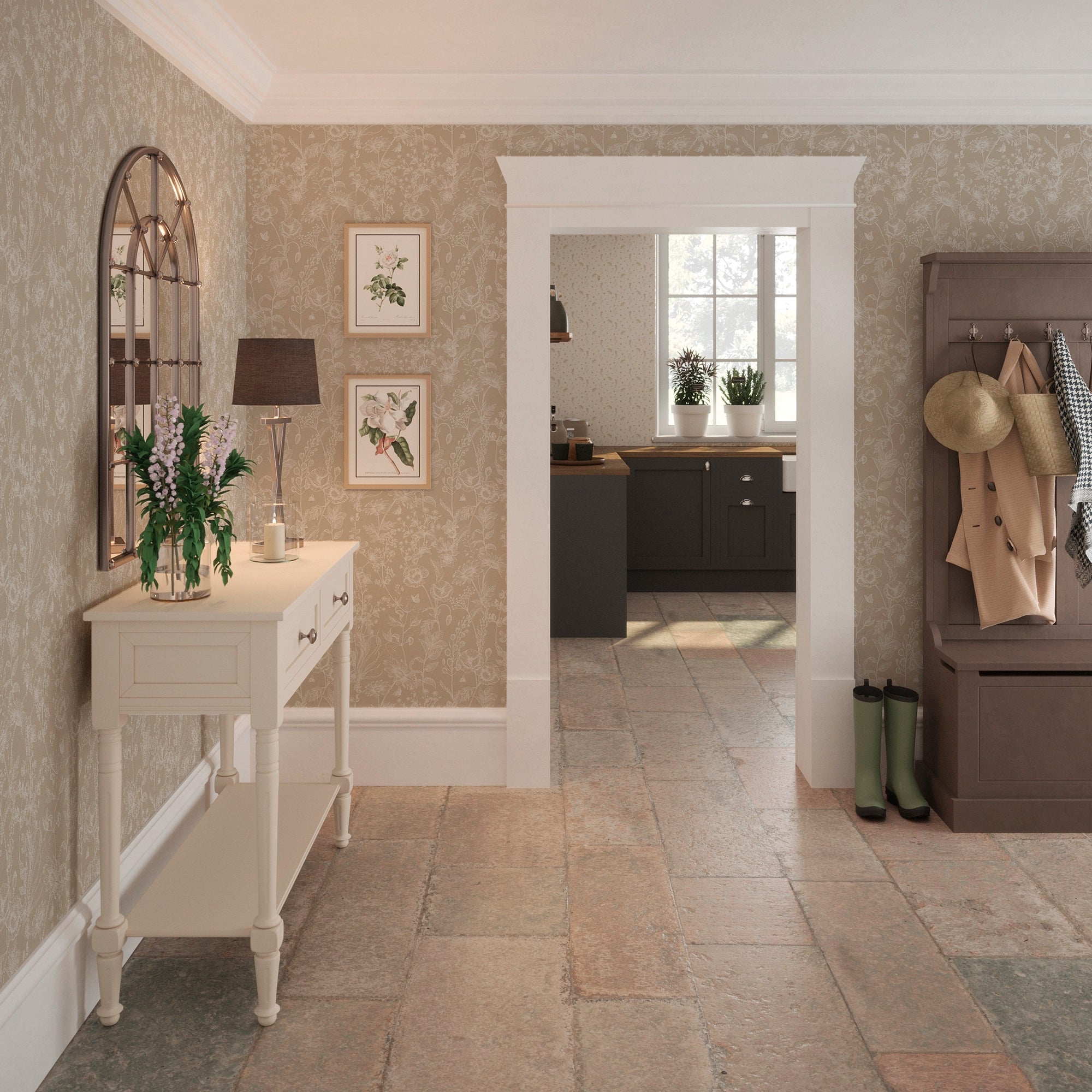 Sketched Meadow Wallpaper in Cream on Biscuit