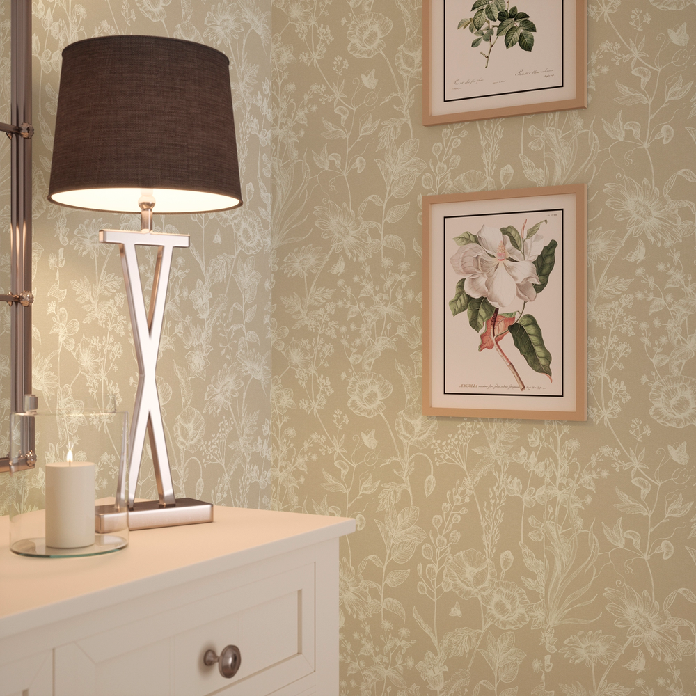 Sketched Meadow Wallpaper in Cream on Biscuit