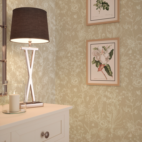 Sketched Meadow Wallpaper in Cream on Biscuit