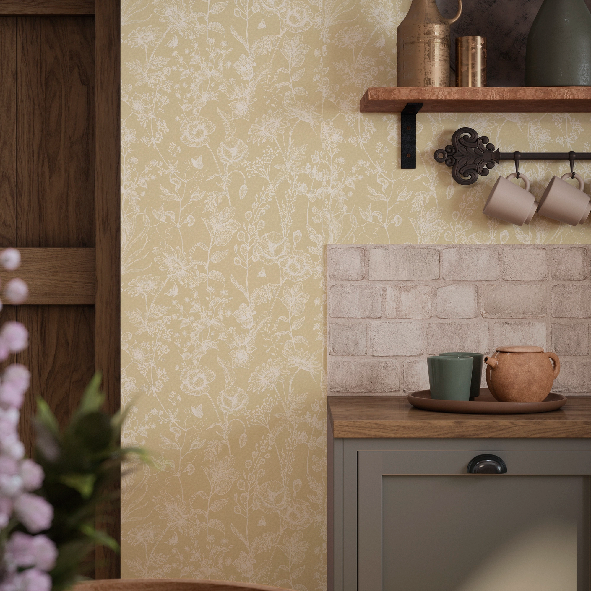 Sketched Meadow Wallpaper in Cream on Champagne