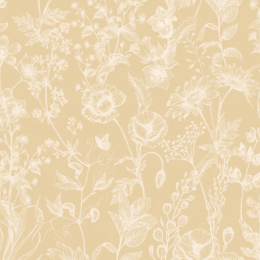 Sketched Meadow Wallpaper in Cream on Champagne