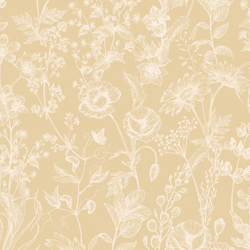 Sketched Meadow Wallpaper in Cream on Champagne
