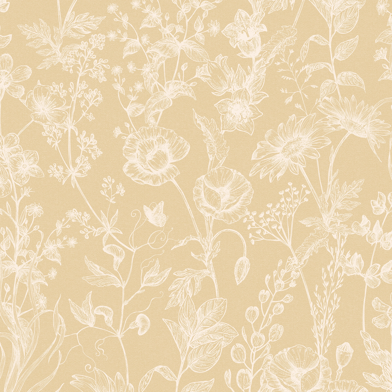 Sketched Meadow Wallpaper in Cream on Champagne