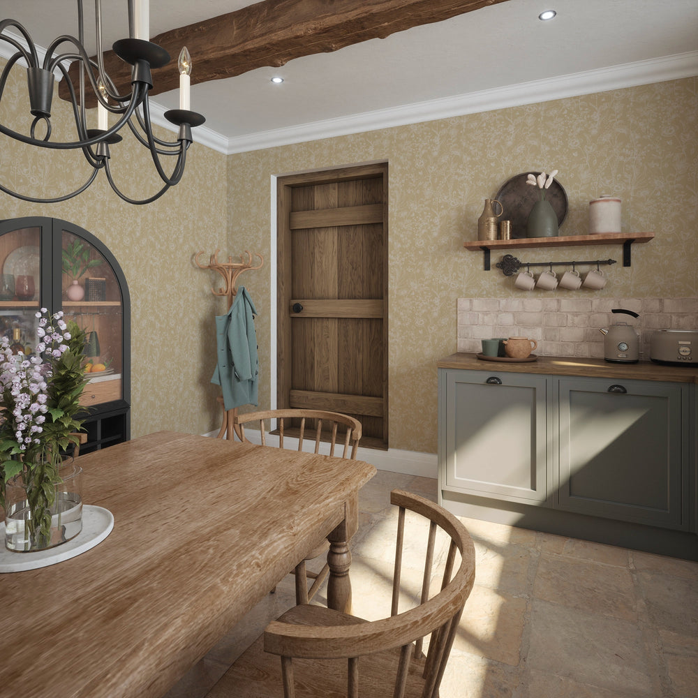 Sketched Meadow Wallpaper in Cream on Champagne