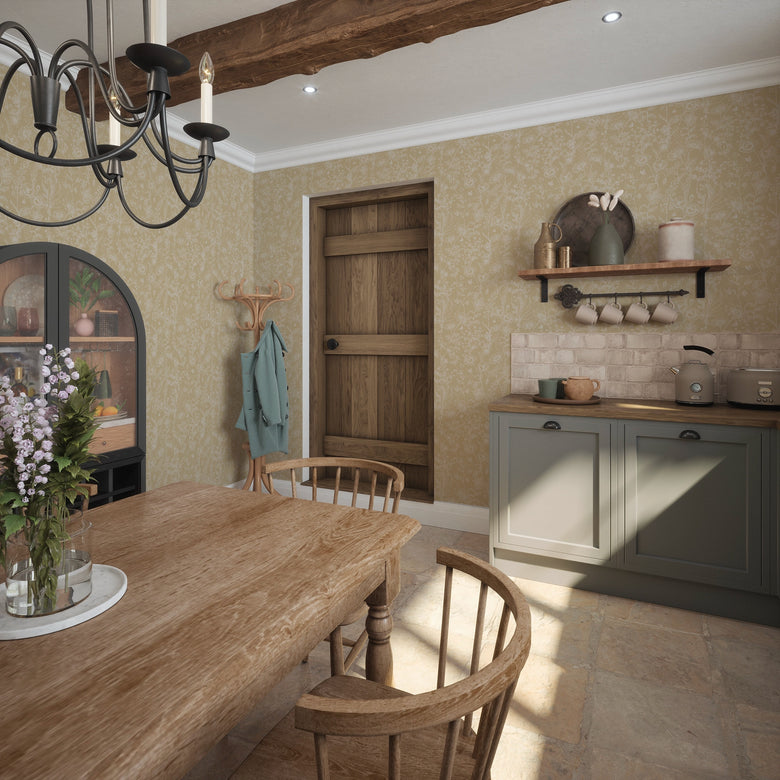 Sketched Meadow Wallpaper in Cream on Champagne