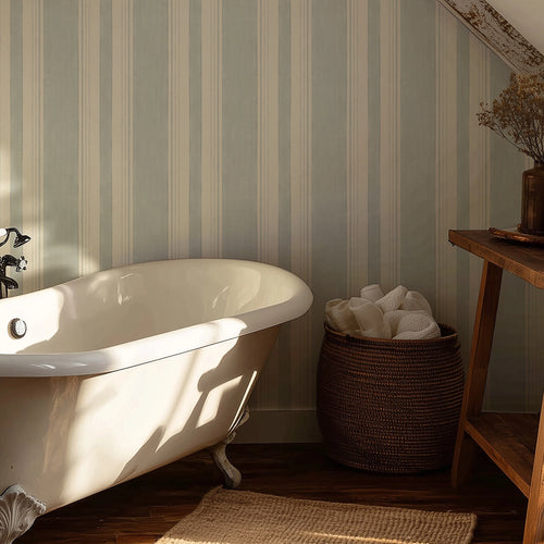 Soft Stripe Wallpaper in Blue on Cream