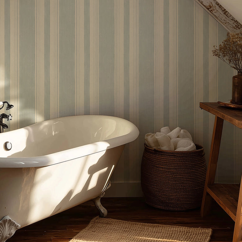 Soft Stripe Wallpaper in Blue on Cream