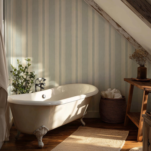Soft Stripe Wallpaper in Blue on Cream