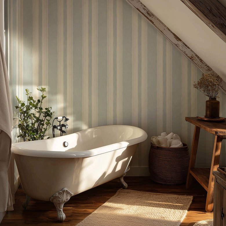 Soft Stripe Wallpaper in Blue on Cream