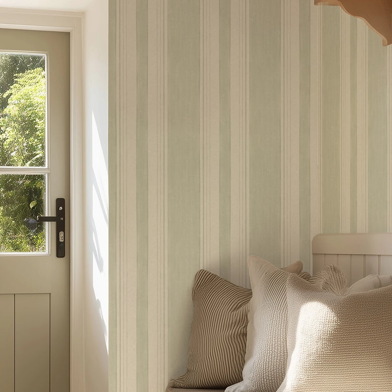 Soft Stripe Wallpaper in Green on Cream