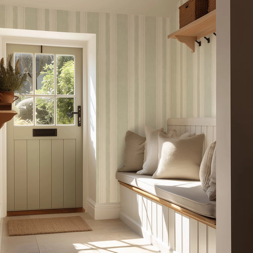 Soft Stripe Wallpaper in Green on Cream