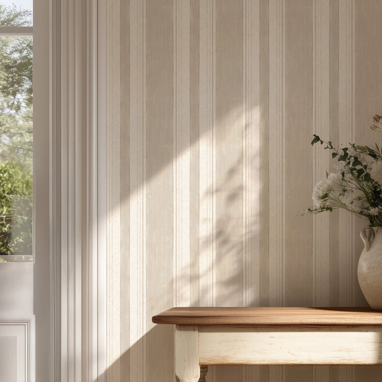 Soft Stripe Wallpaper in Stone on Cream