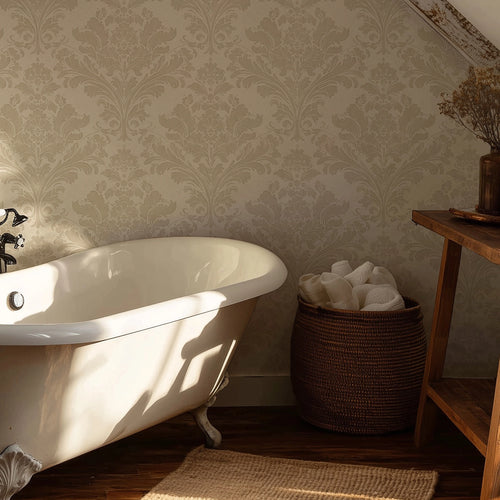 Regal Damask Wallpaper in Stone on Cream
