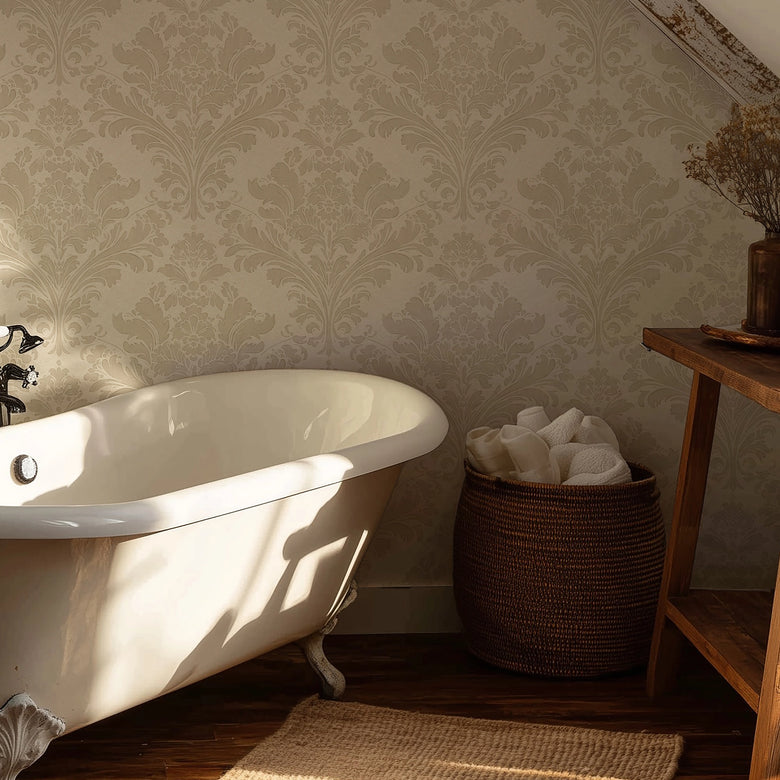 Regal Damask Wallpaper in Stone on Cream