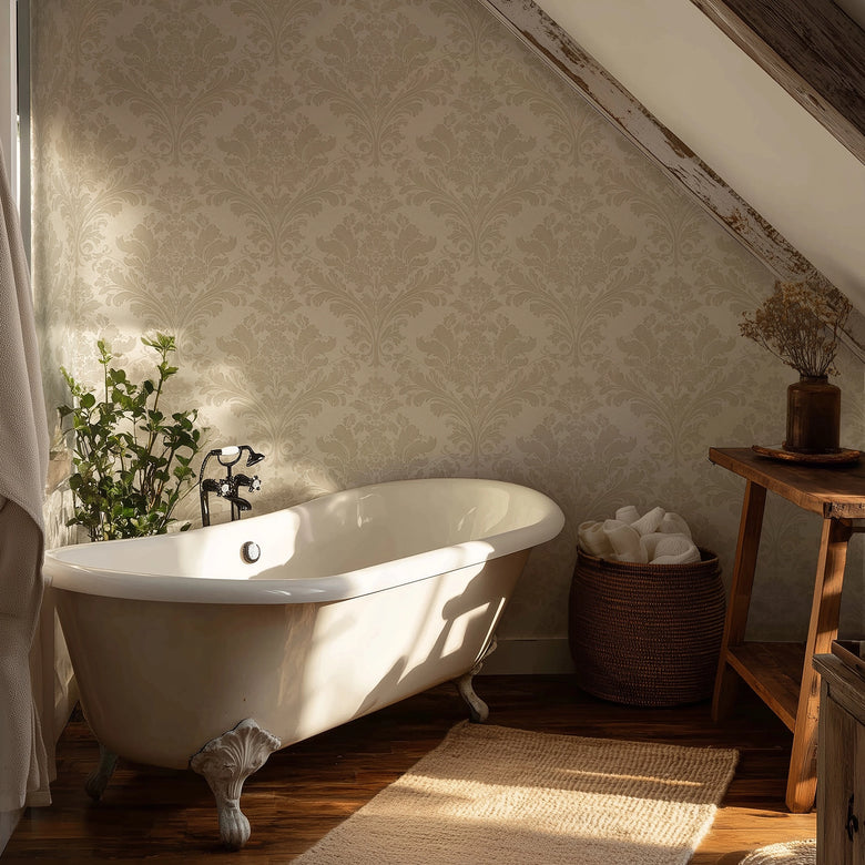 Regal Damask Wallpaper in Stone on Cream