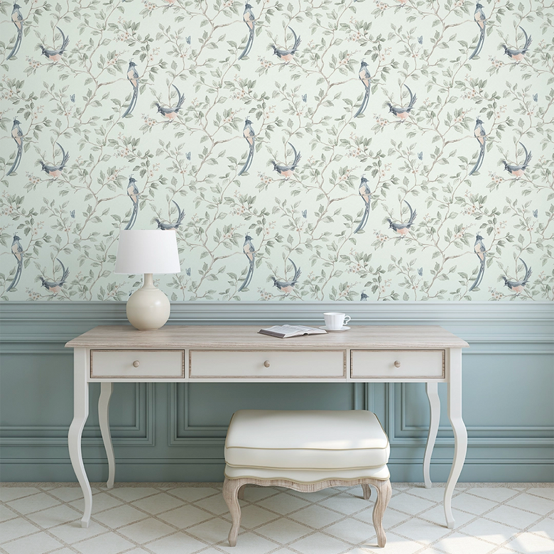 Song of The Lovebirds Wallpaper in Duck Egg