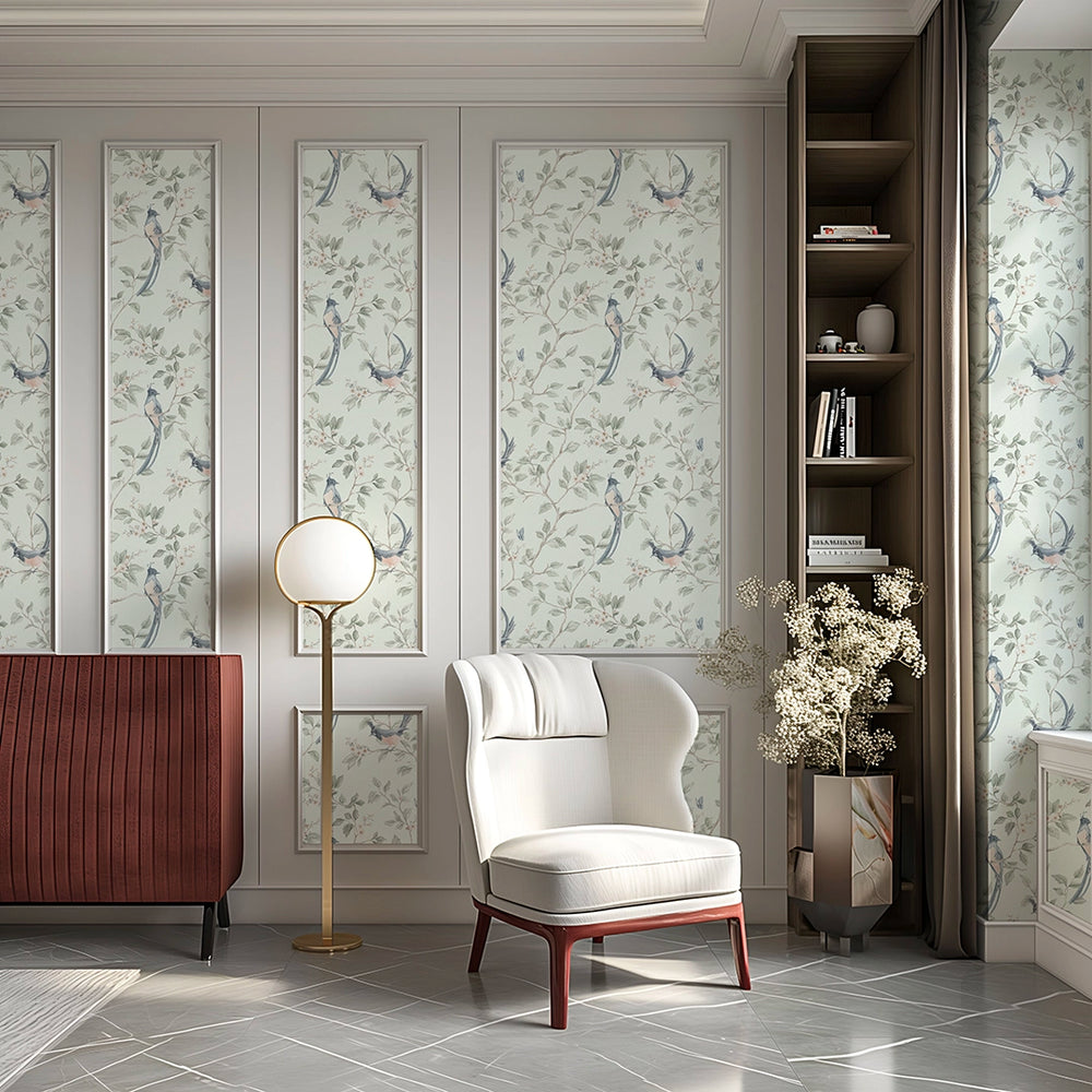 Song of The Lovebirds Wallpaper in Duck Egg