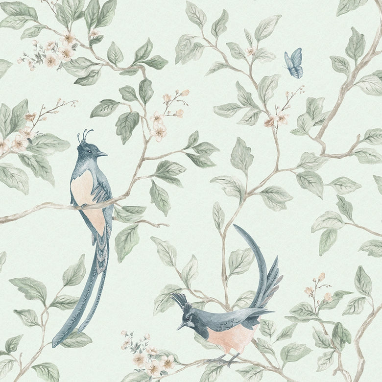 Song of The Lovebirds Wallpaper in Duck Egg