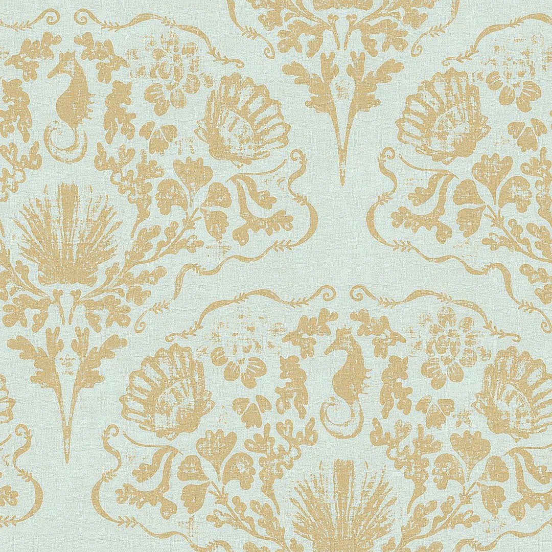Sample of St. Mawes Lace Wallpaper in Antique Gold on Duck Egg
