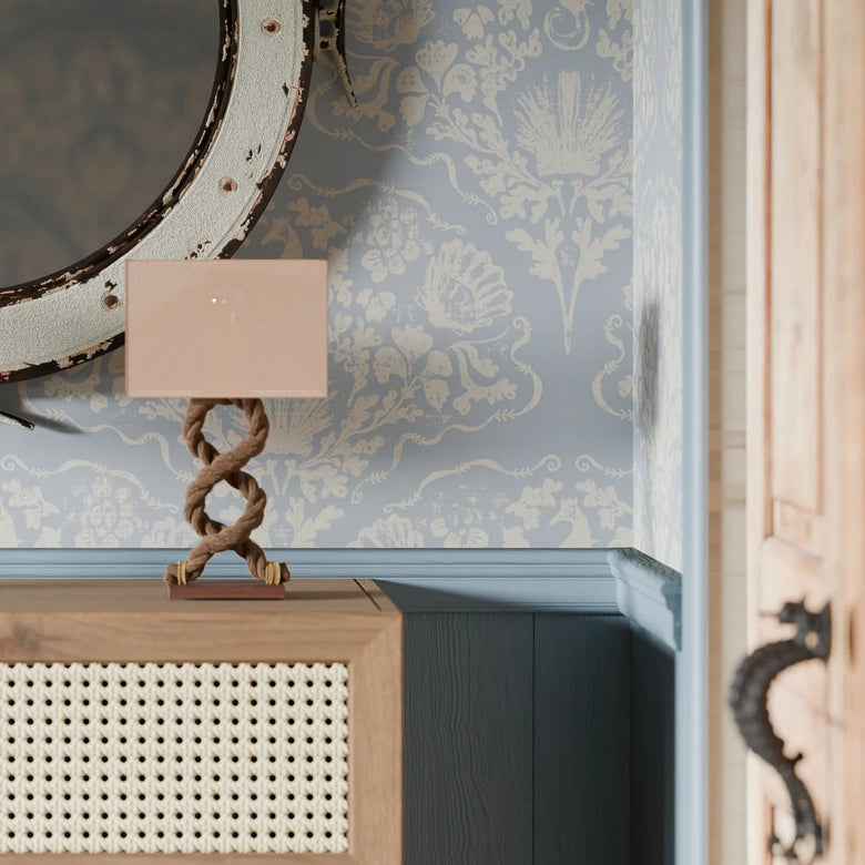 St. Mawes Lace Wallpaper in Pearl White on Cornflower Blue