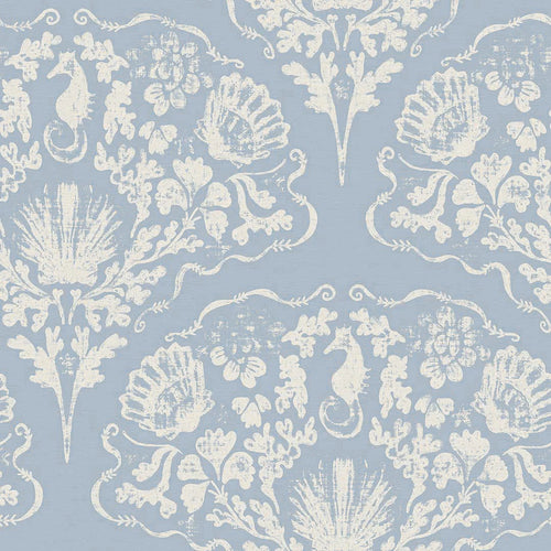 St. Mawes Lace Wallpaper in Pearl White on Cornflower Blue