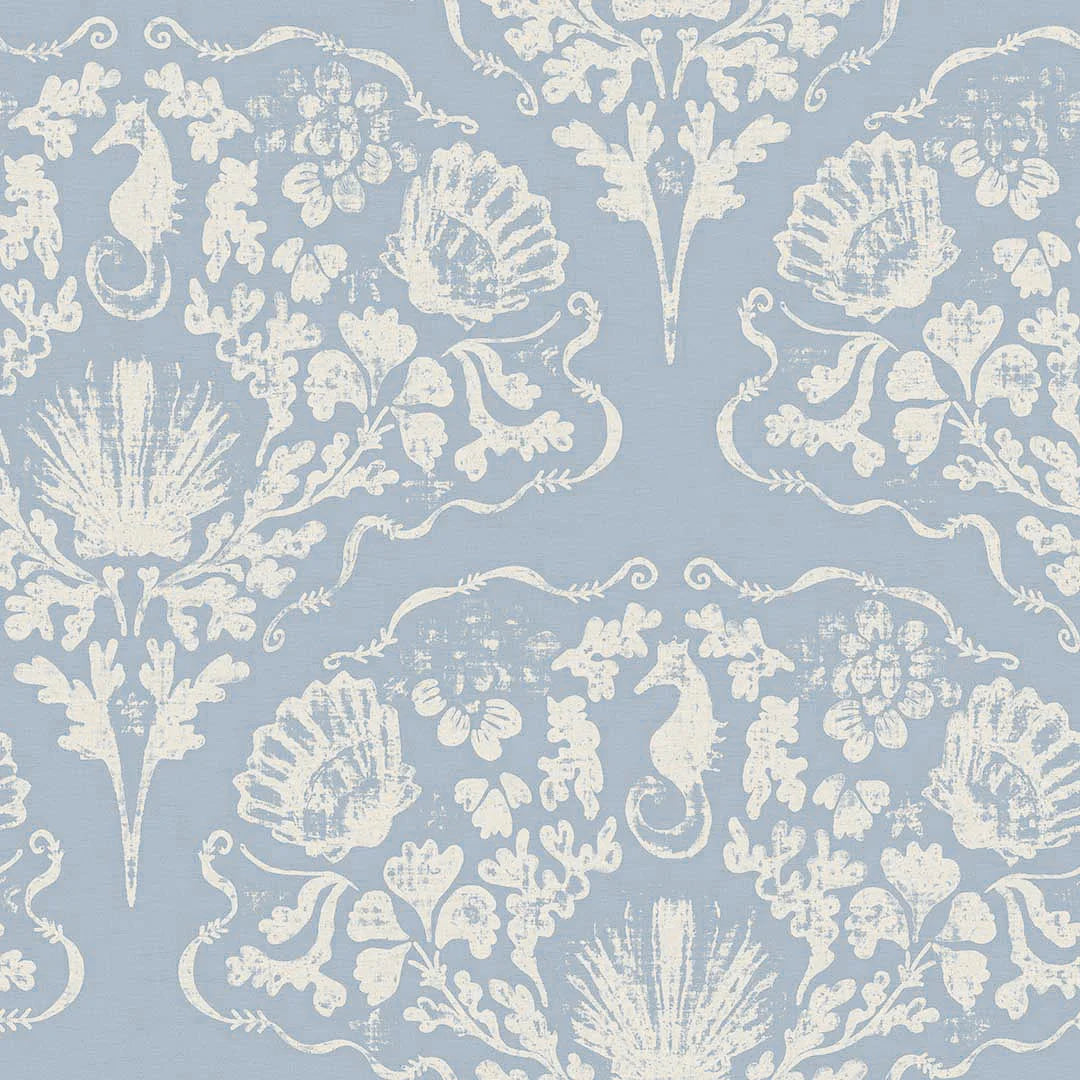 Sample of St. Mawes Lace Wallpaper in Pearl White on Cornflower Blue