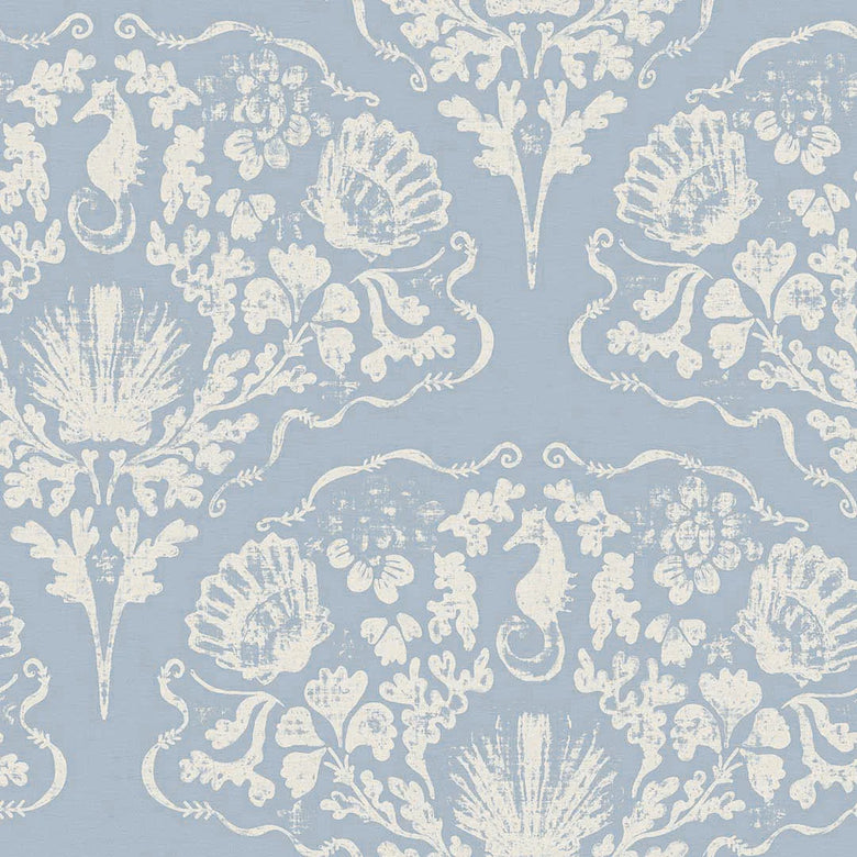 Sample of St. Mawes Lace Wallpaper in Pearl White on Cornflower Blue