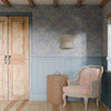 St. Mawes Lace Wallpaper in Pearl White on Cornflower Blue
