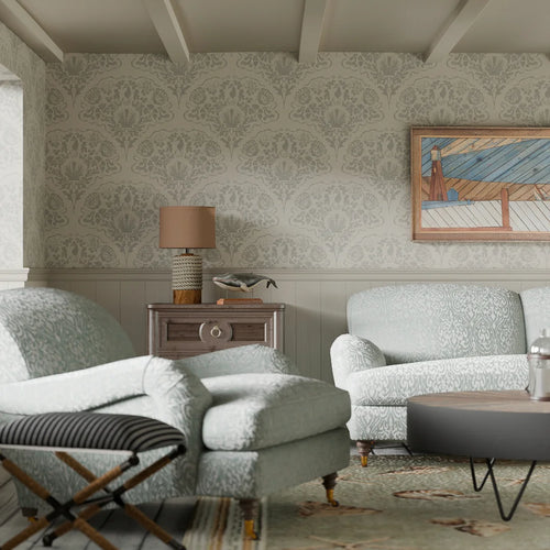 St. Mawes Lace Wallpaper in Soft Rustic Green on Vintage Cream