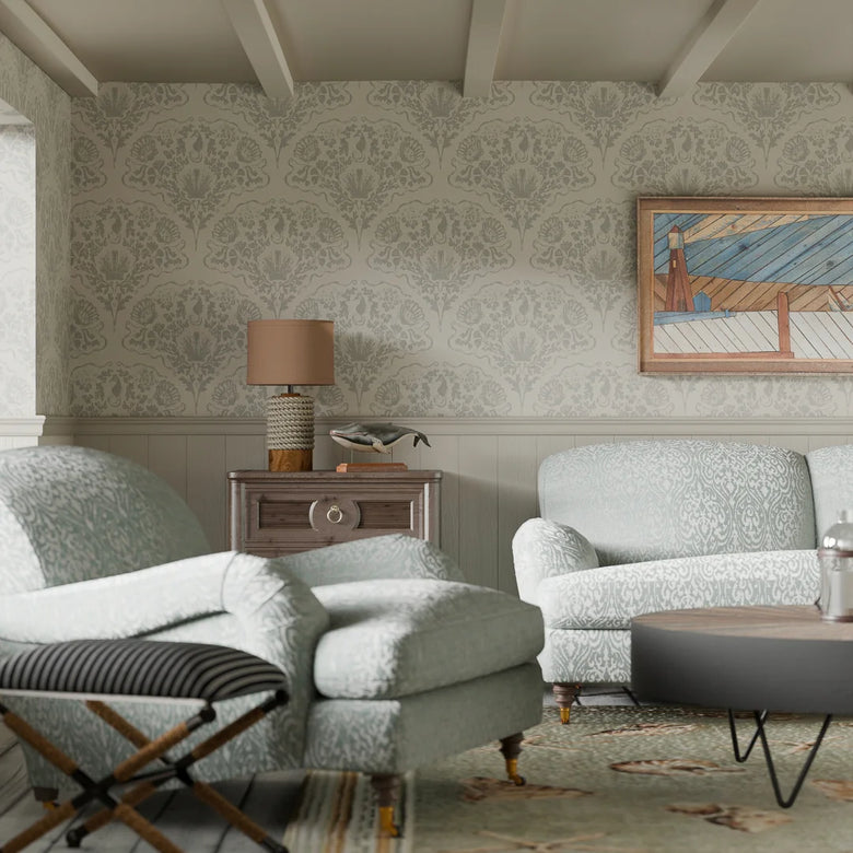 St. Mawes Lace Wallpaper in Soft Rustic Green on Vintage Cream