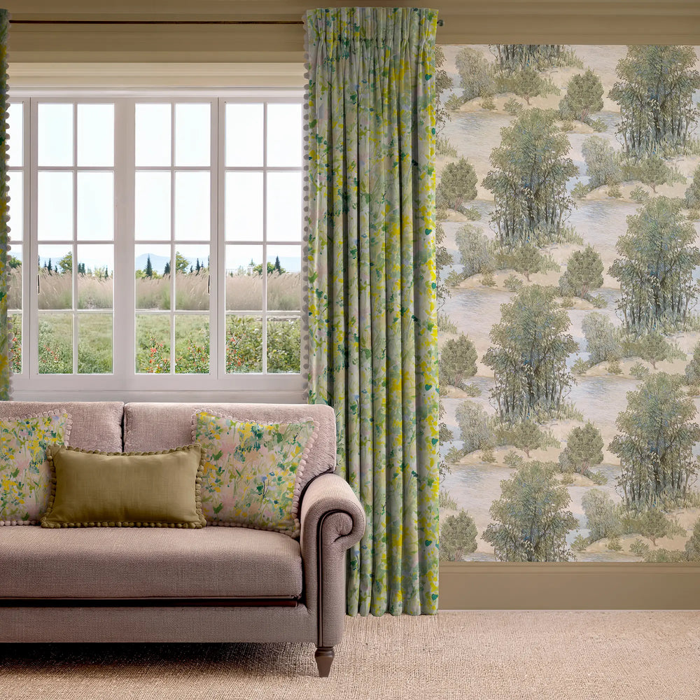 Stately Stream Wallpaper in Greens and Teal