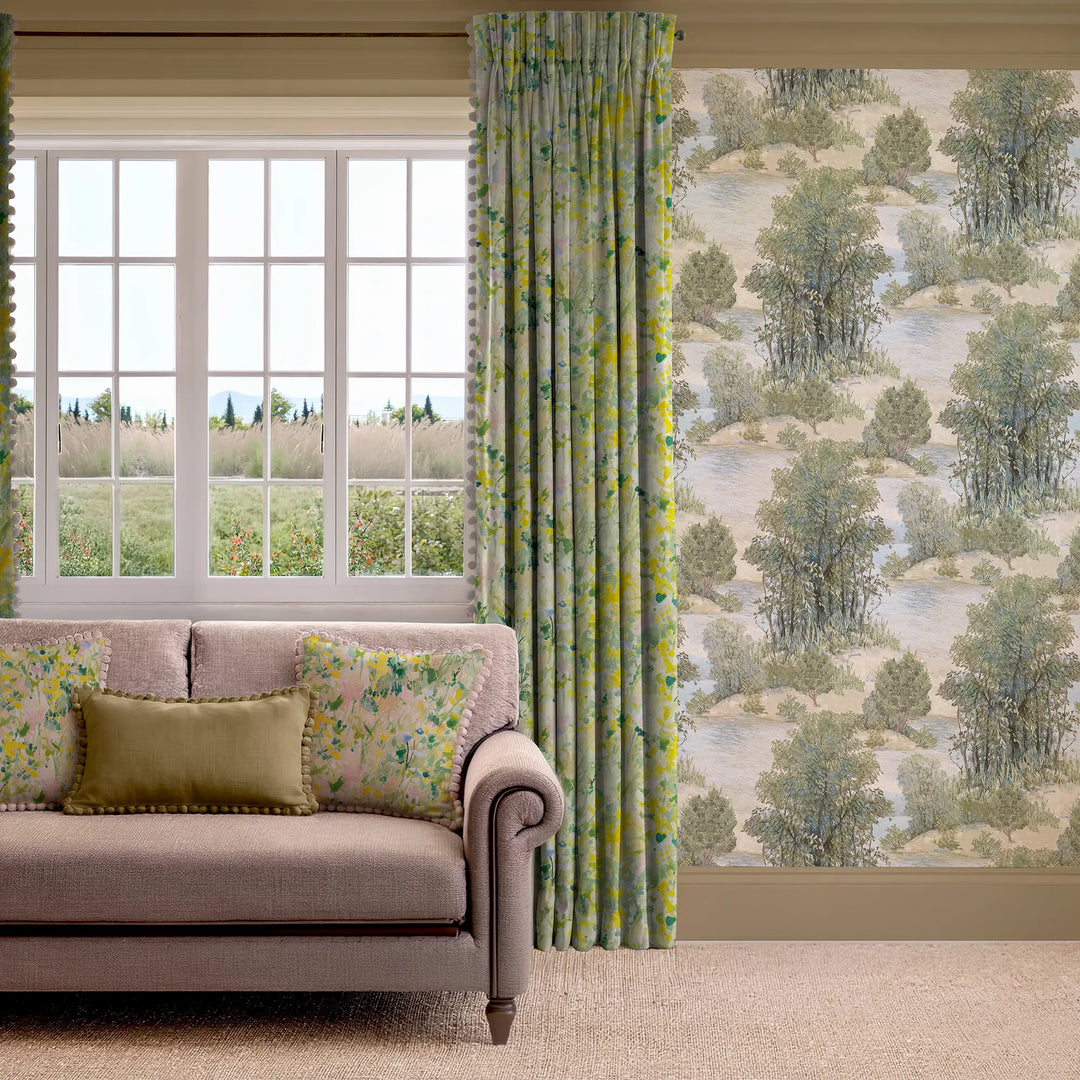 Stately Stream Wallpaper in Greens and Teal