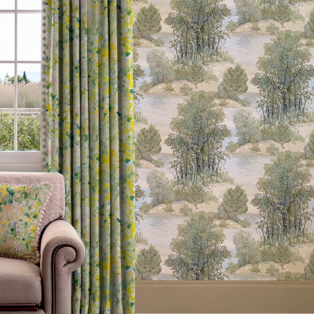 Stately Stream Wallpaper in Greens and Teal