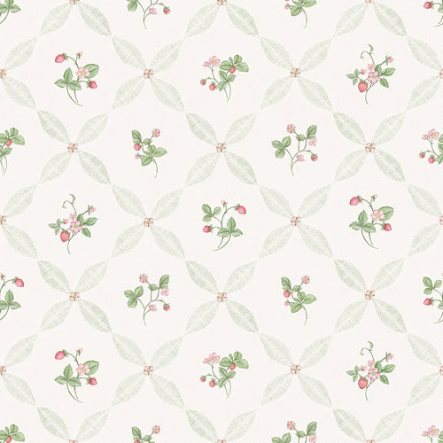 Strawberry Harvest Trellis Wallpaper in Summer Greens and Berry Red