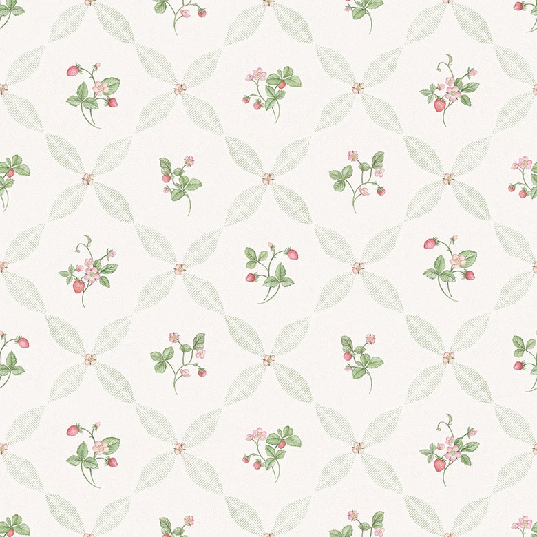 Strawberry Harvest Trellis Wallpaper in Summer Greens and Berry Red
