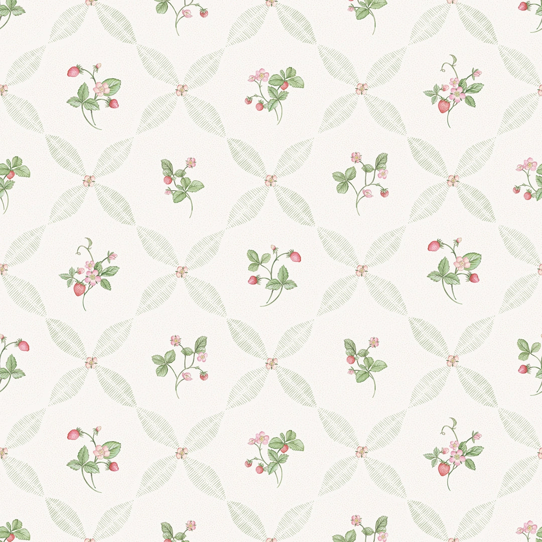 Sample of Strawberry Harvest Trellis Wallpaper in Summer Greens and Berry Red