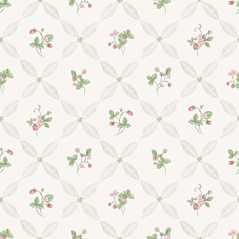Sample of Strawberry Harvest Trellis Wallpaper in Summer Greens and Berry Red