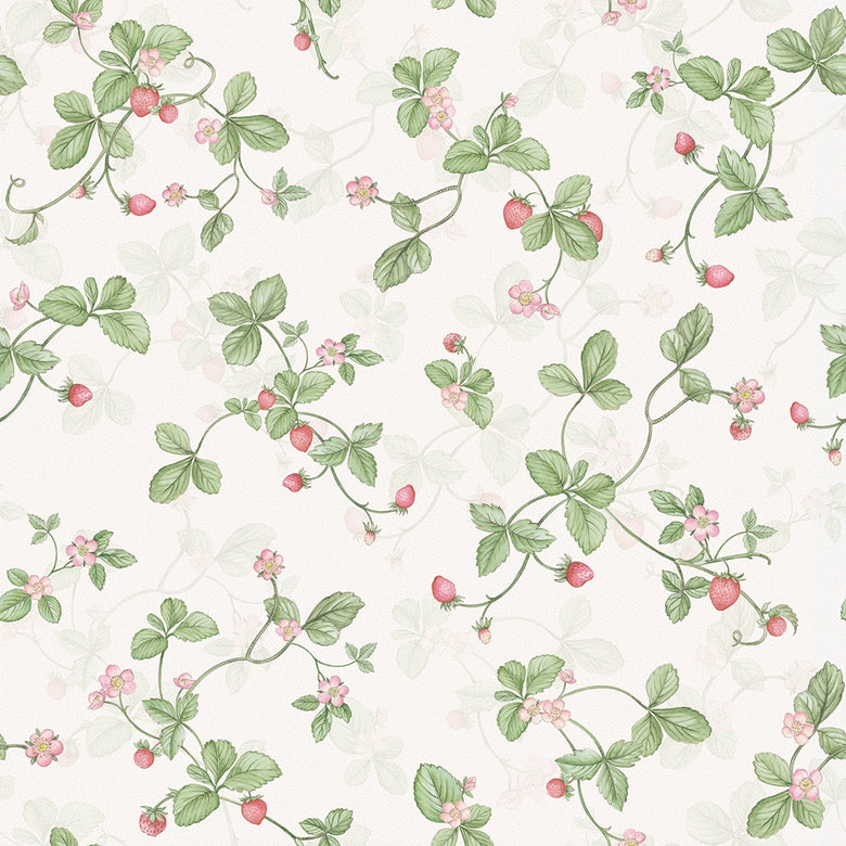 Strawberry Harvest Wallpaper in Summer Greens and Berry Red