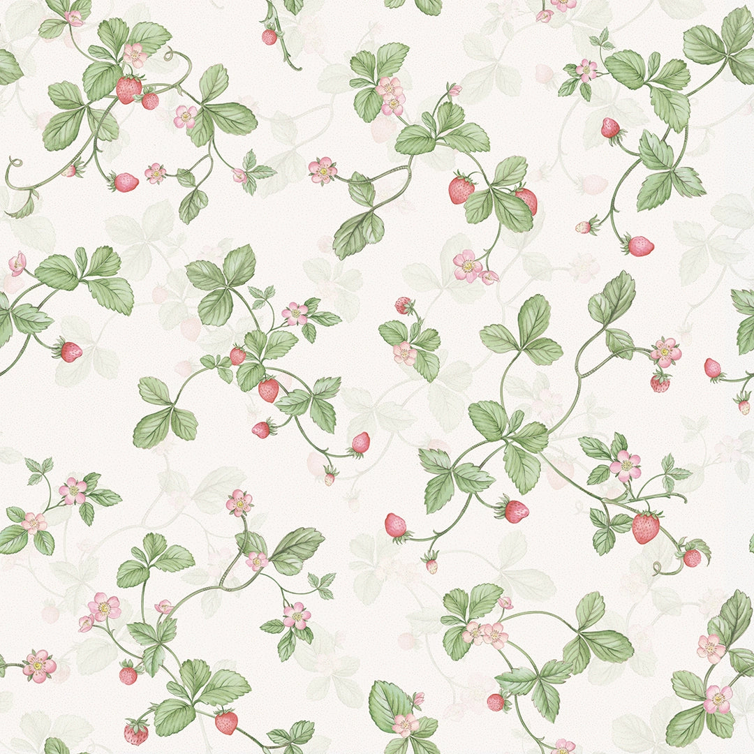Sample of Strawberry Harvest Wallpaper in Summer Greens and Berry Red