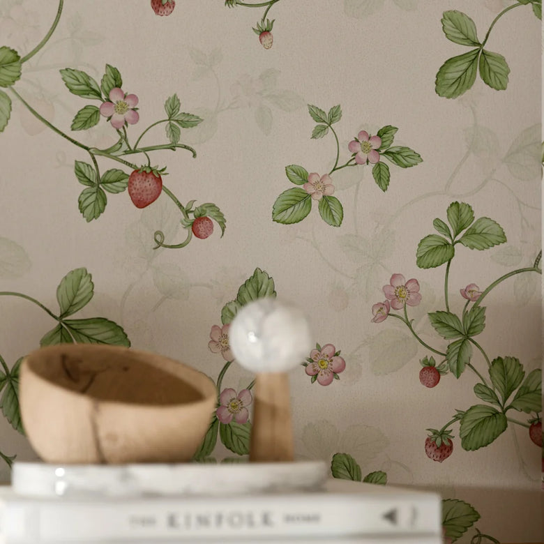 Strawberry Harvest Wallpaper in Summer Greens and Berry Red