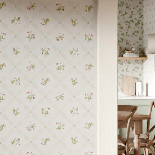 Strawberry Harvest Trellis Wallpaper in Summer Greens and Berry Red
