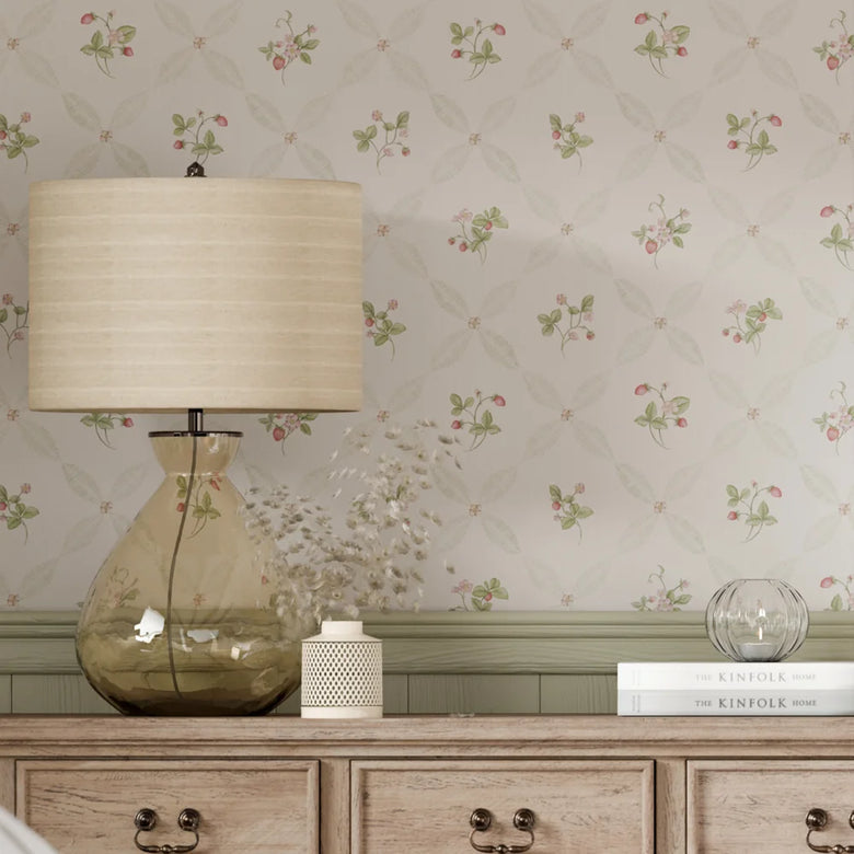 Strawberry Harvest Trellis Wallpaper in Summer Greens and Berry Red