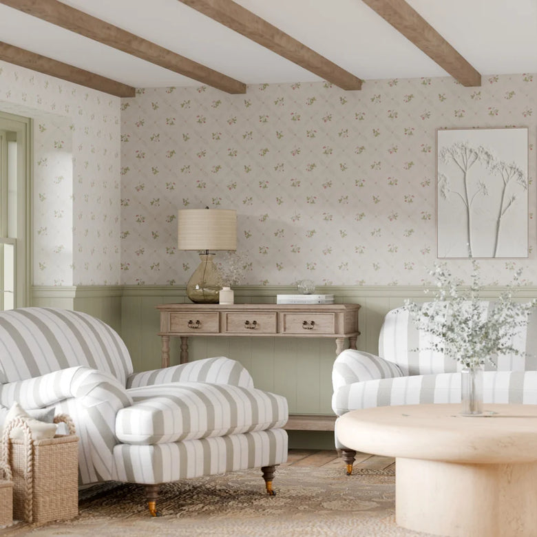 Strawberry Harvest Trellis Wallpaper in Summer Greens and Berry Red