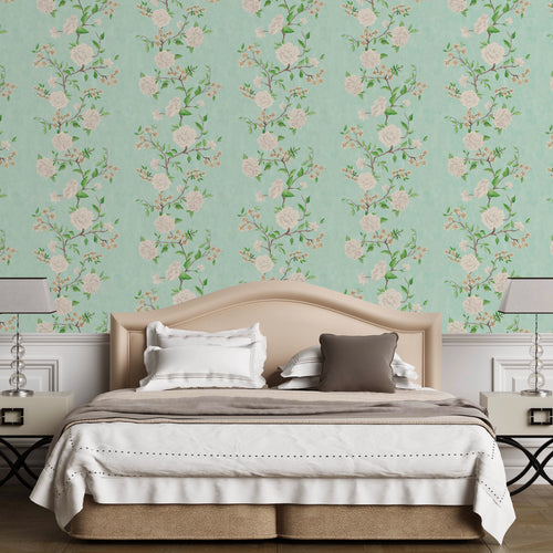 Summer in Peony Park Wallpaper in Duck Egg