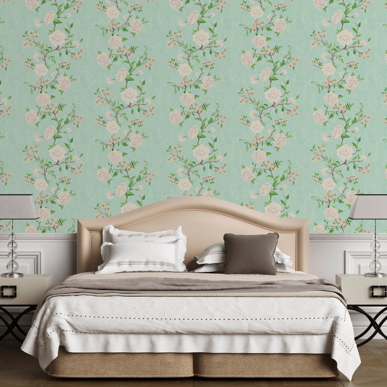 Summer in Peony Park Wallpaper in Duck Egg