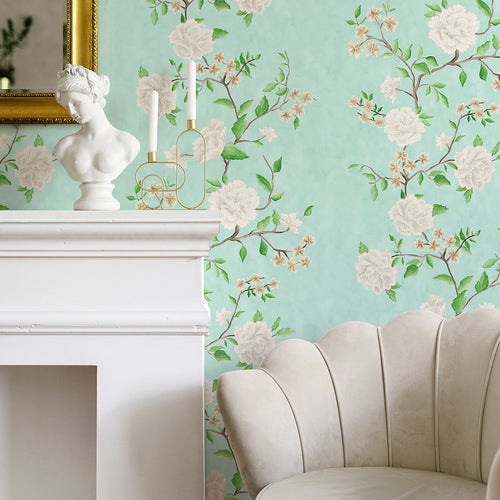 Summer in Peony Park Wallpaper in Duck Egg