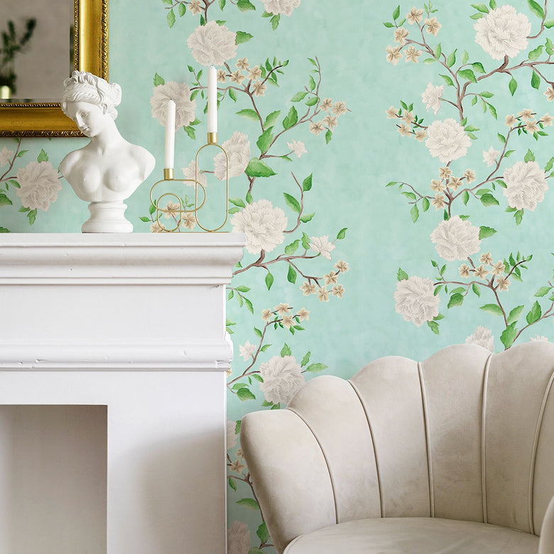 Summer in Peony Park Wallpaper in Duck Egg