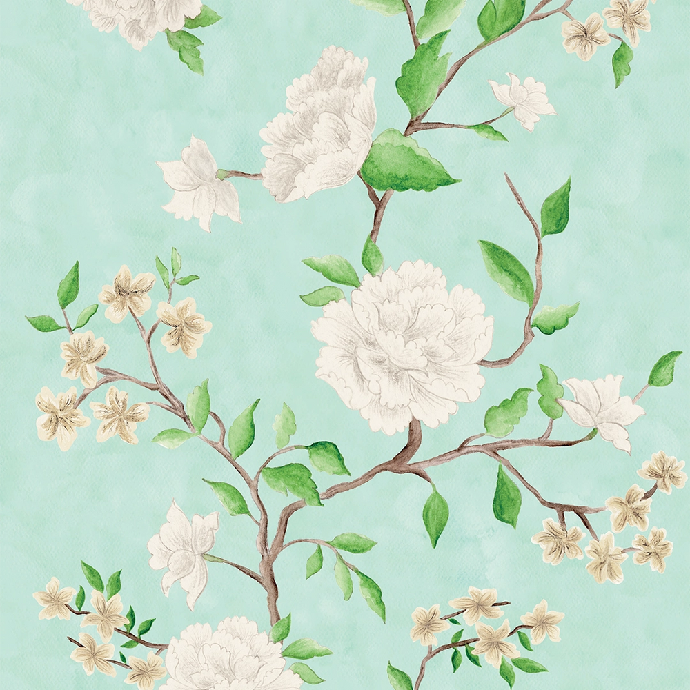 Summer in Peony Park Wallpaper in Duck Egg