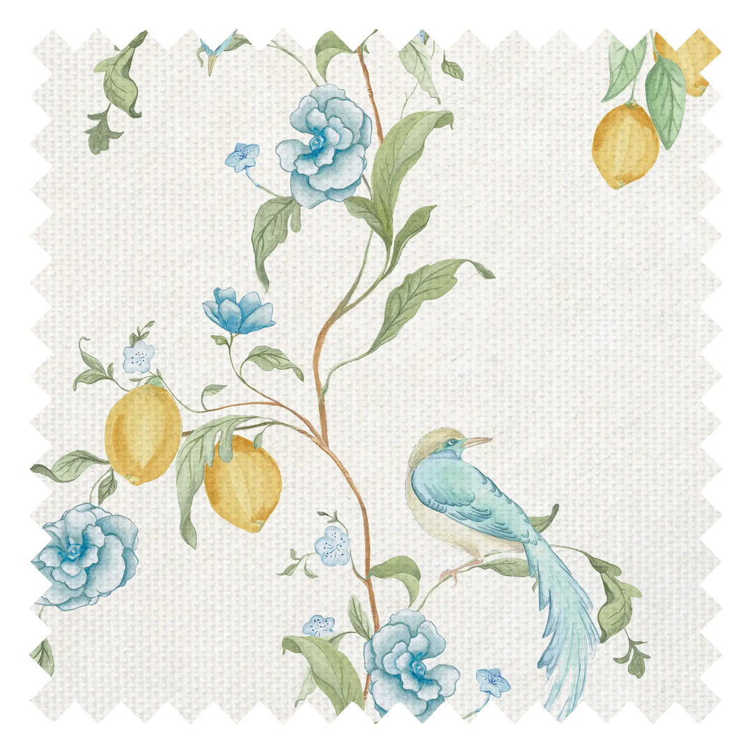 Suzhou Songbirds Fabric in Blues on Cream